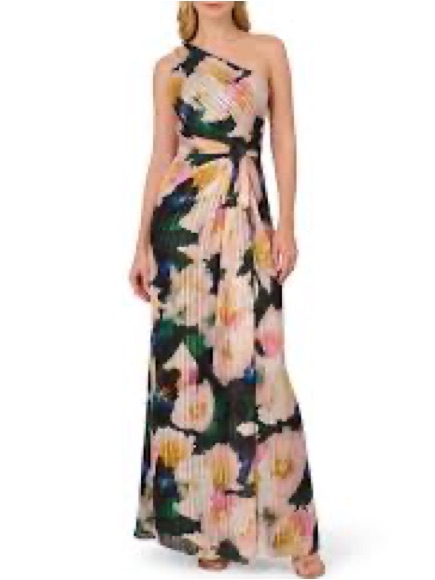 Adrianna Papell Floral Metallic Satin One Shoulder Sleeveless Twist Waist Gown